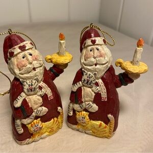 2 vintage Santa holding cats Standing figurine Christmas Ornaments 90s decor cat